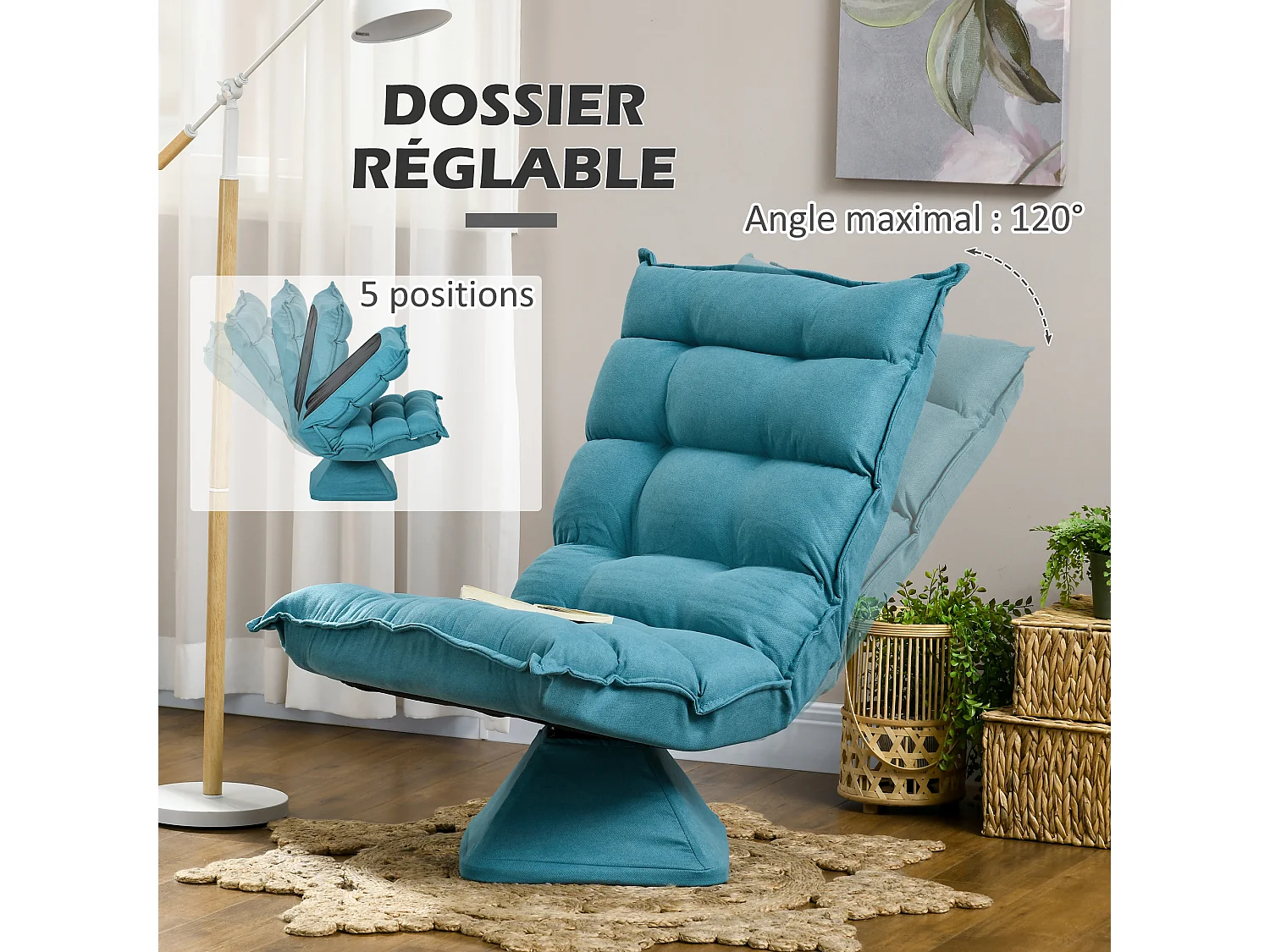 Fauteuil relax grand confort pivotant inclinaison réglable 5 niv. épais garnissage mousse haute densité tissu velours microfibre turquoise
