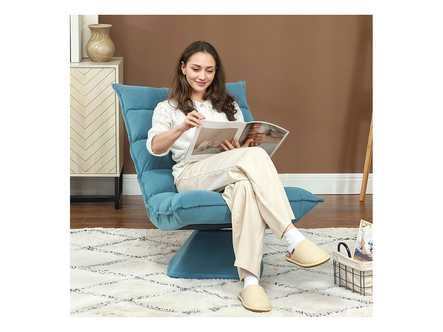 Fauteuil relax grand confort pivotant inclinaison réglable 5 niv. épais garnissage mousse haute densité tissu velours microfibre turquoise