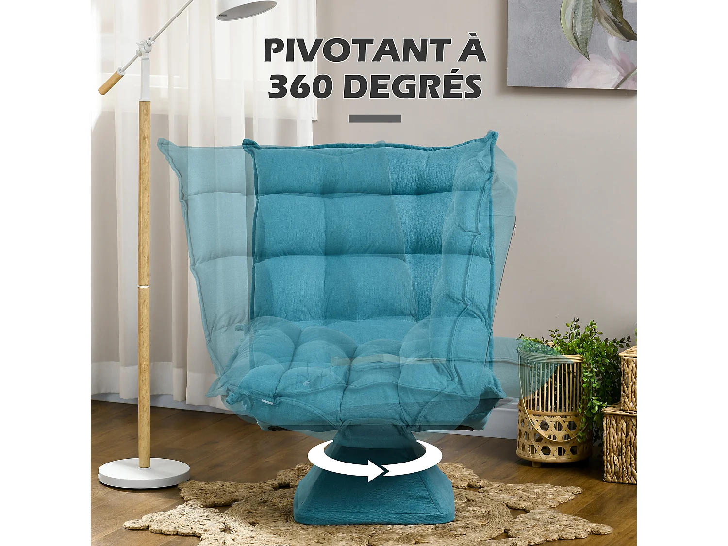 Fauteuil relax grand confort pivotant inclinaison réglable 5 niv. épais garnissage mousse haute densité tissu velours microfibre turquoise