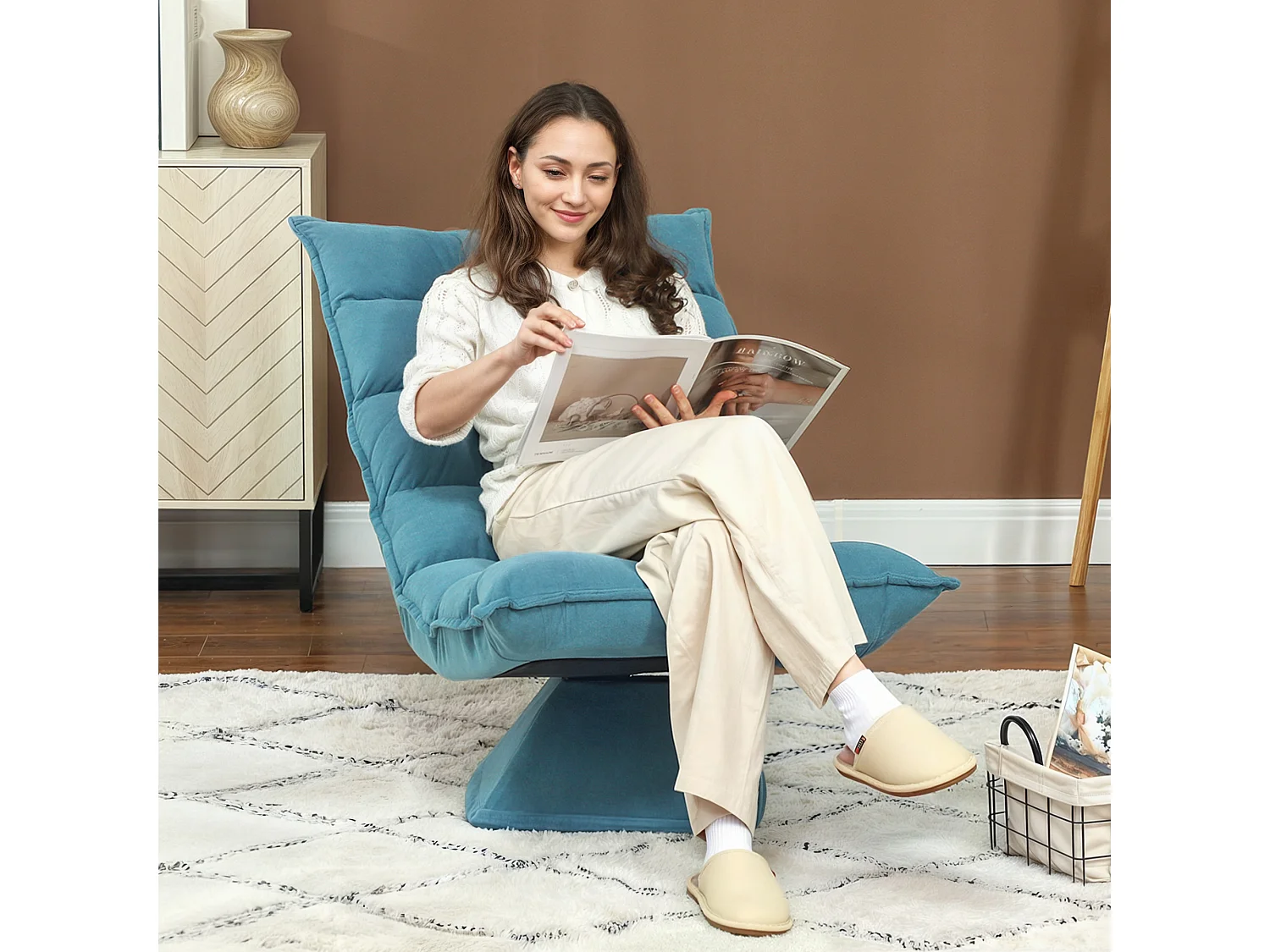 Fauteuil relax grand confort pivotant inclinaison réglable 5 niv. épais garnissage mousse haute densité tissu velours microfibre turquoise