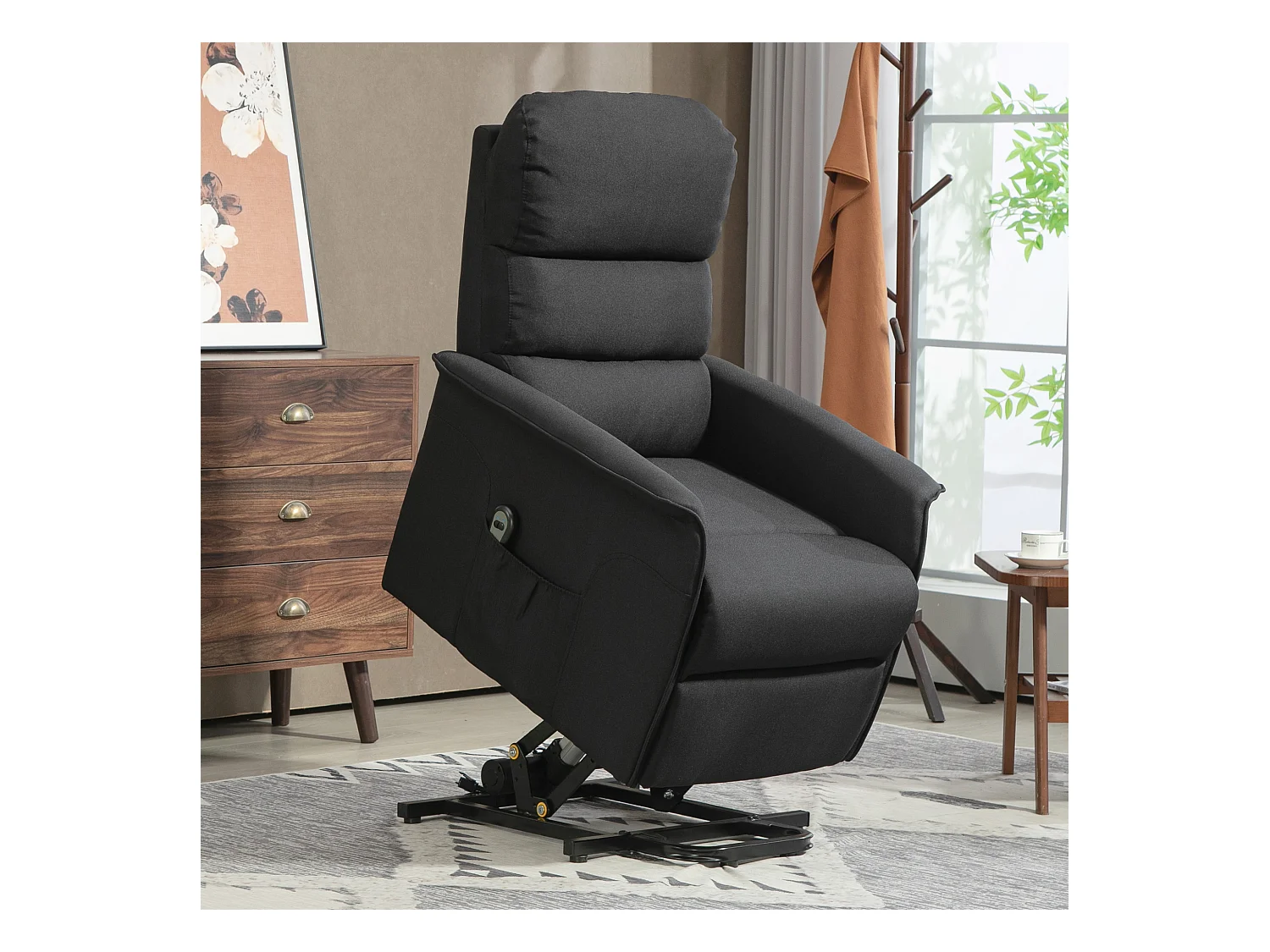 Fauteuil de relaxation électrique télécommande - fauteuil releveur inclinable, repose-pied ajustable - tissu polyester aspect lin noir