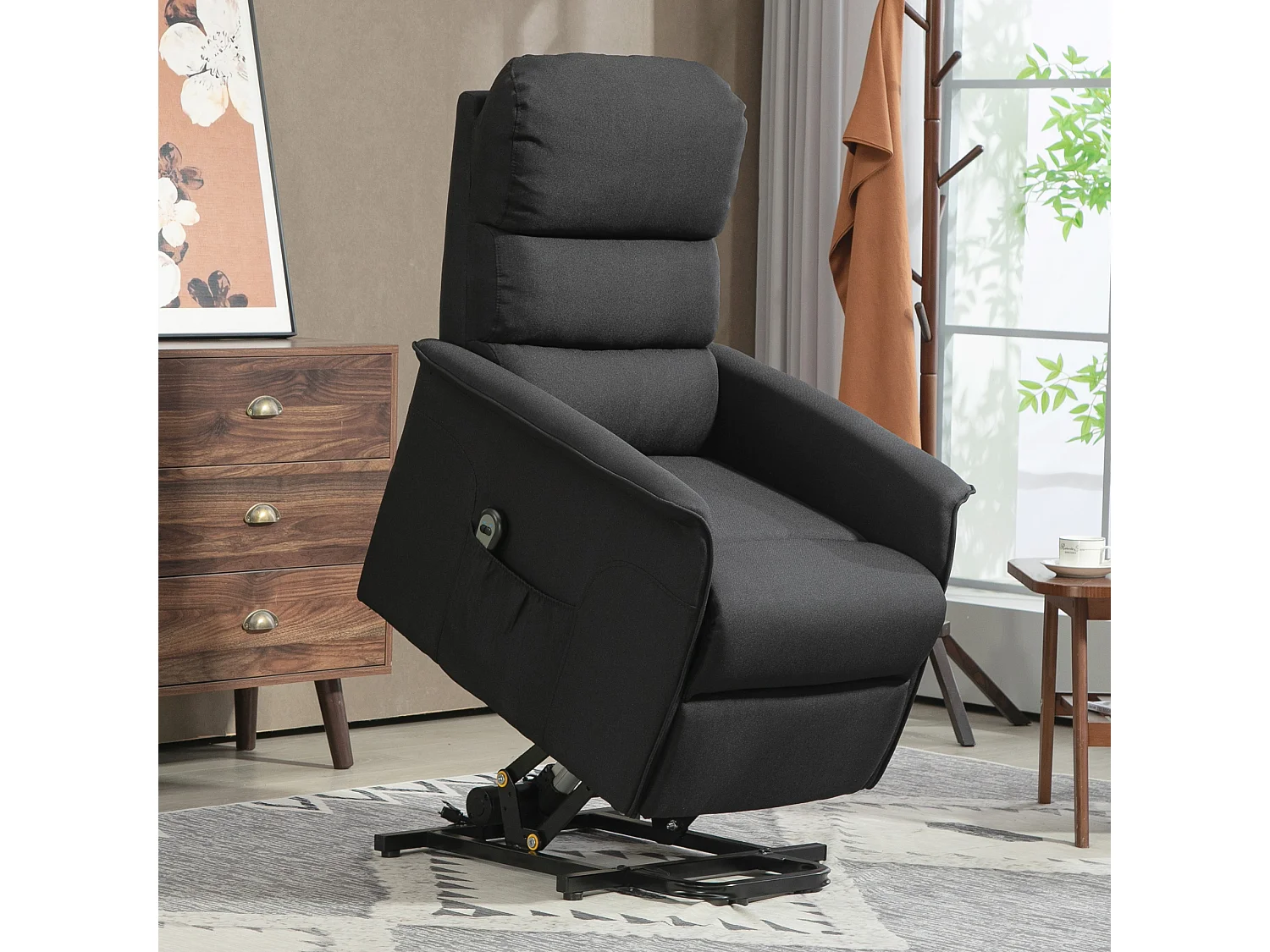 Fauteuil de relaxation électrique télécommande - fauteuil releveur inclinable, repose-pied ajustable - tissu polyester aspect lin noir