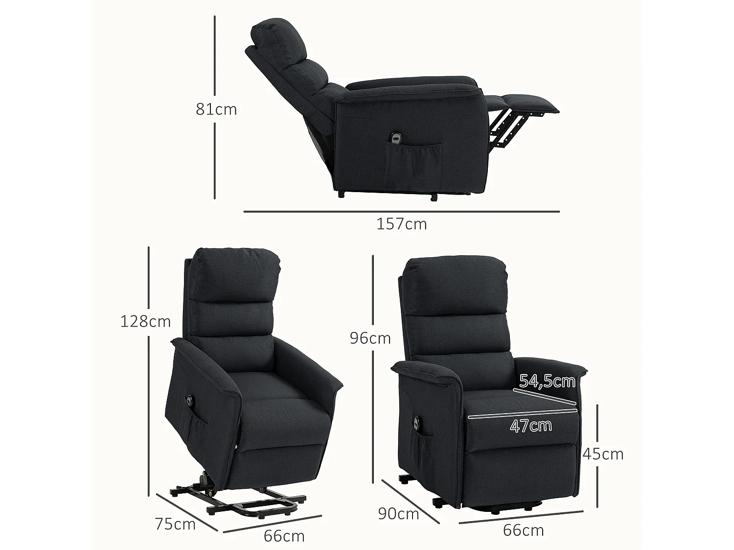 Fauteuil de relaxation électrique télécommande - fauteuil releveur inclinable, repose-pied ajustable - tissu polyester aspect lin noir