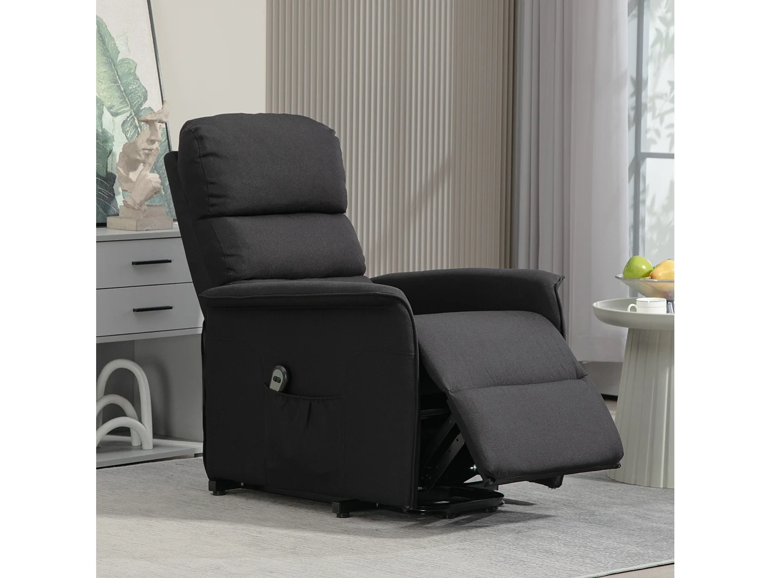 Fauteuil de relaxation électrique télécommande - fauteuil releveur inclinable, repose-pied ajustable - tissu polyester aspect lin noir