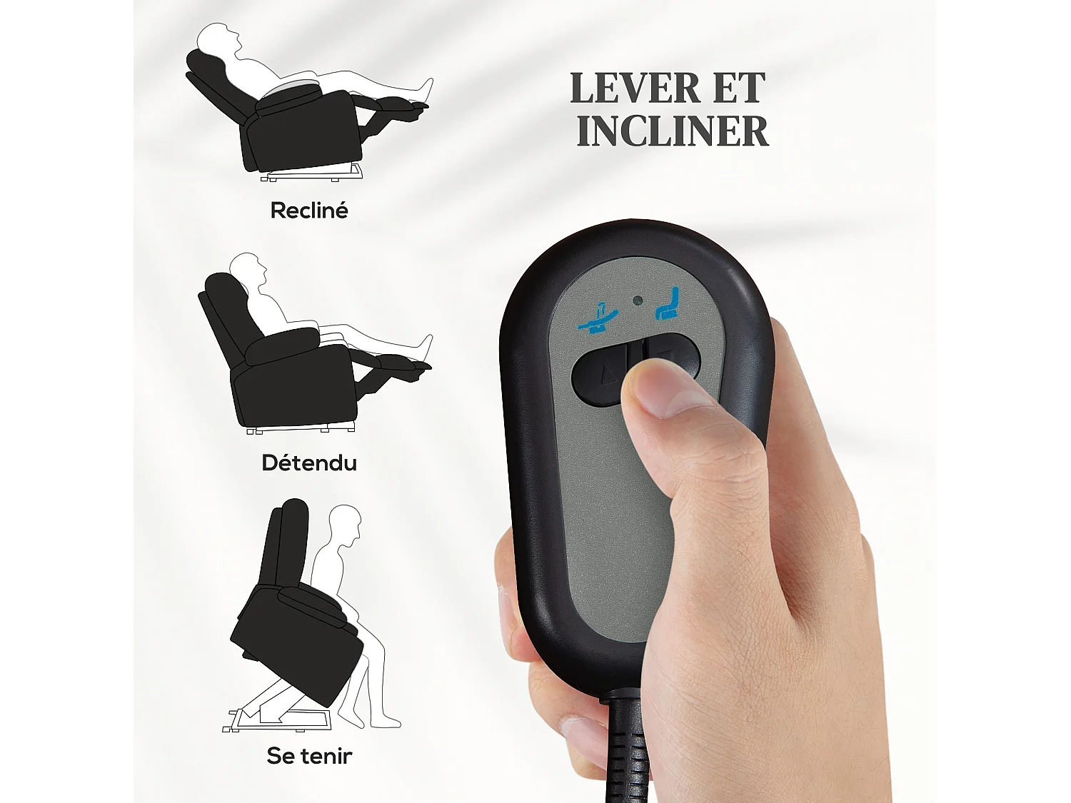 Fauteuil de relaxation électrique télécommande - fauteuil releveur inclinable, repose-pied ajustable - tissu polyester aspect lin noir