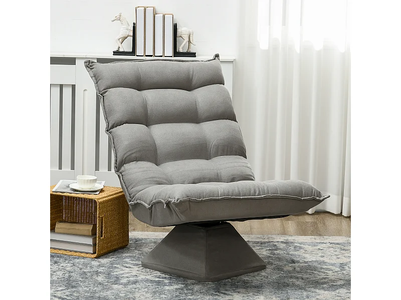 Fauteuil relax grand confort pivotant inclinaison réglable 5 niv. épais garnissage mousse haute densité tissu velours microfibre gris clair