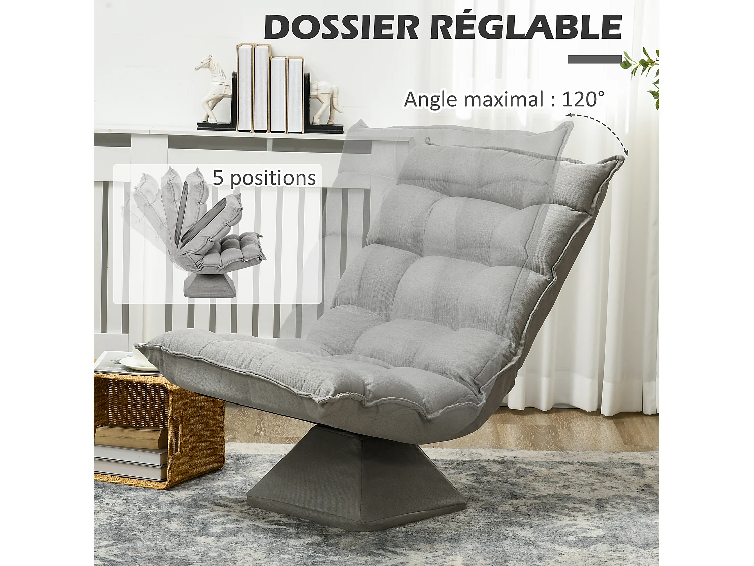 Fauteuil relax grand confort pivotant inclinaison réglable 5 niv. épais garnissage mousse haute densité tissu velours microfibre gris clair