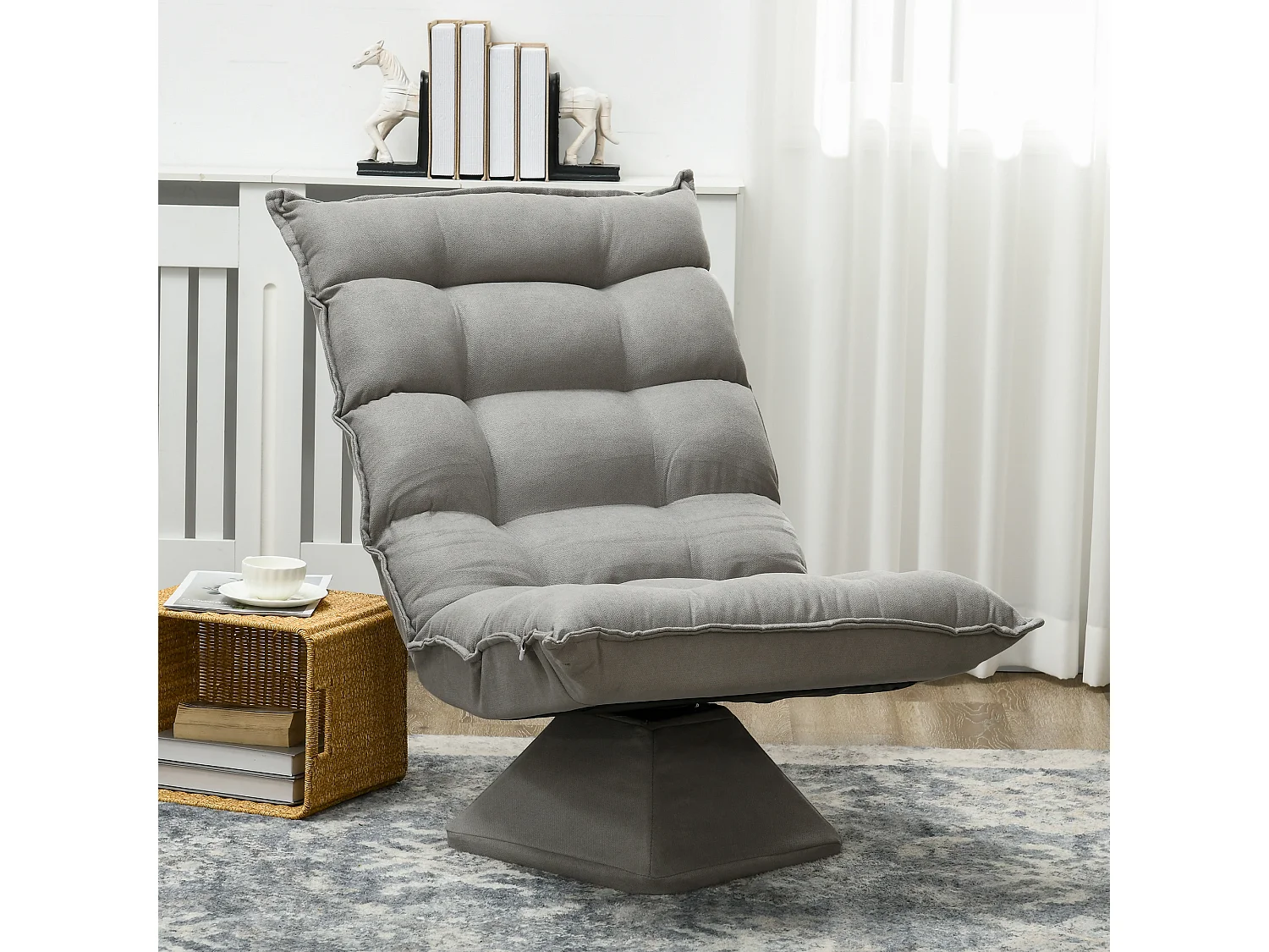 Fauteuil relax grand confort pivotant inclinaison réglable 5 niv. épais garnissage mousse haute densité tissu velours microfibre gris clair