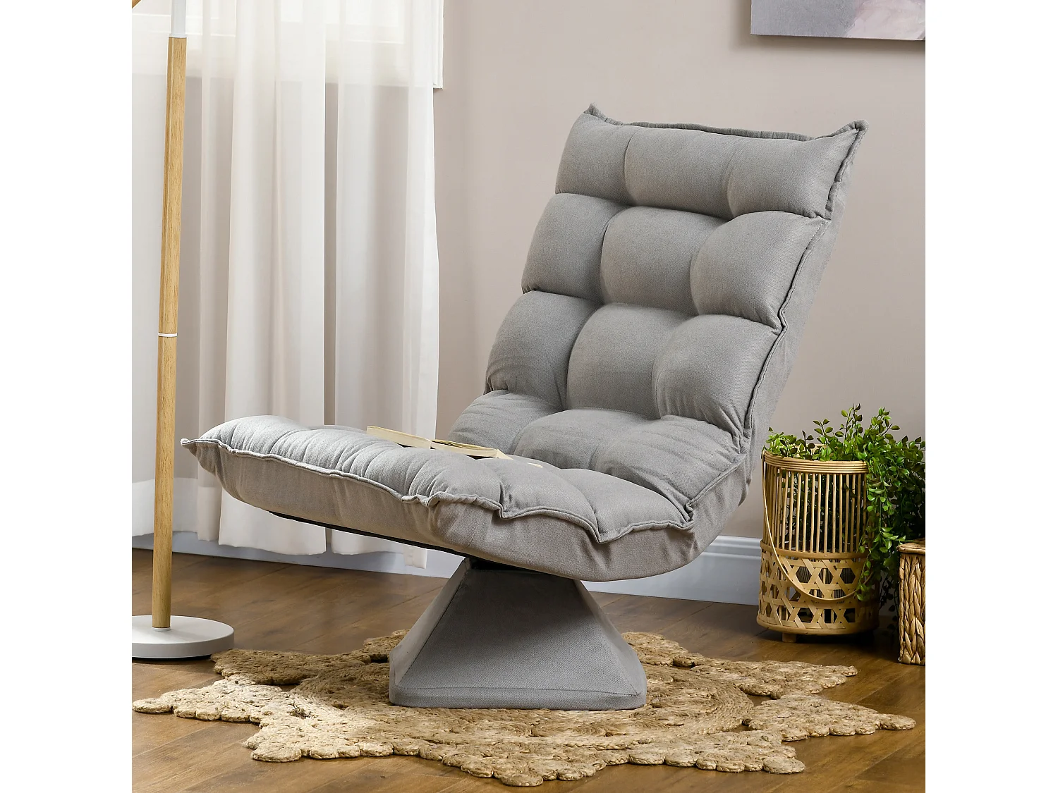Fauteuil relax grand confort pivotant inclinaison réglable 5 niv. épais garnissage mousse haute densité tissu velours microfibre gris clair