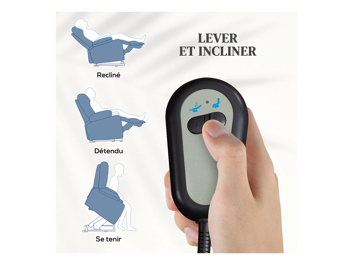 Fauteuil de relaxation électrique télécommande - fauteuil releveur inclinable, repose-pied ajustable - tissu polyester aspect lin bleu