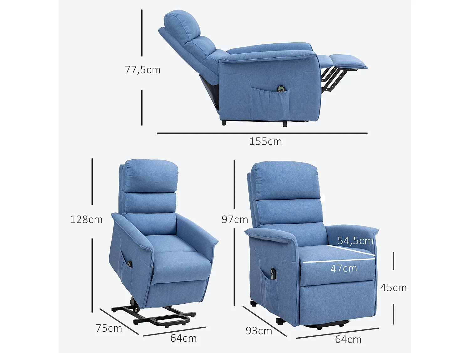 Fauteuil de relaxation électrique télécommande - fauteuil releveur inclinable, repose-pied ajustable - tissu polyester aspect lin bleu