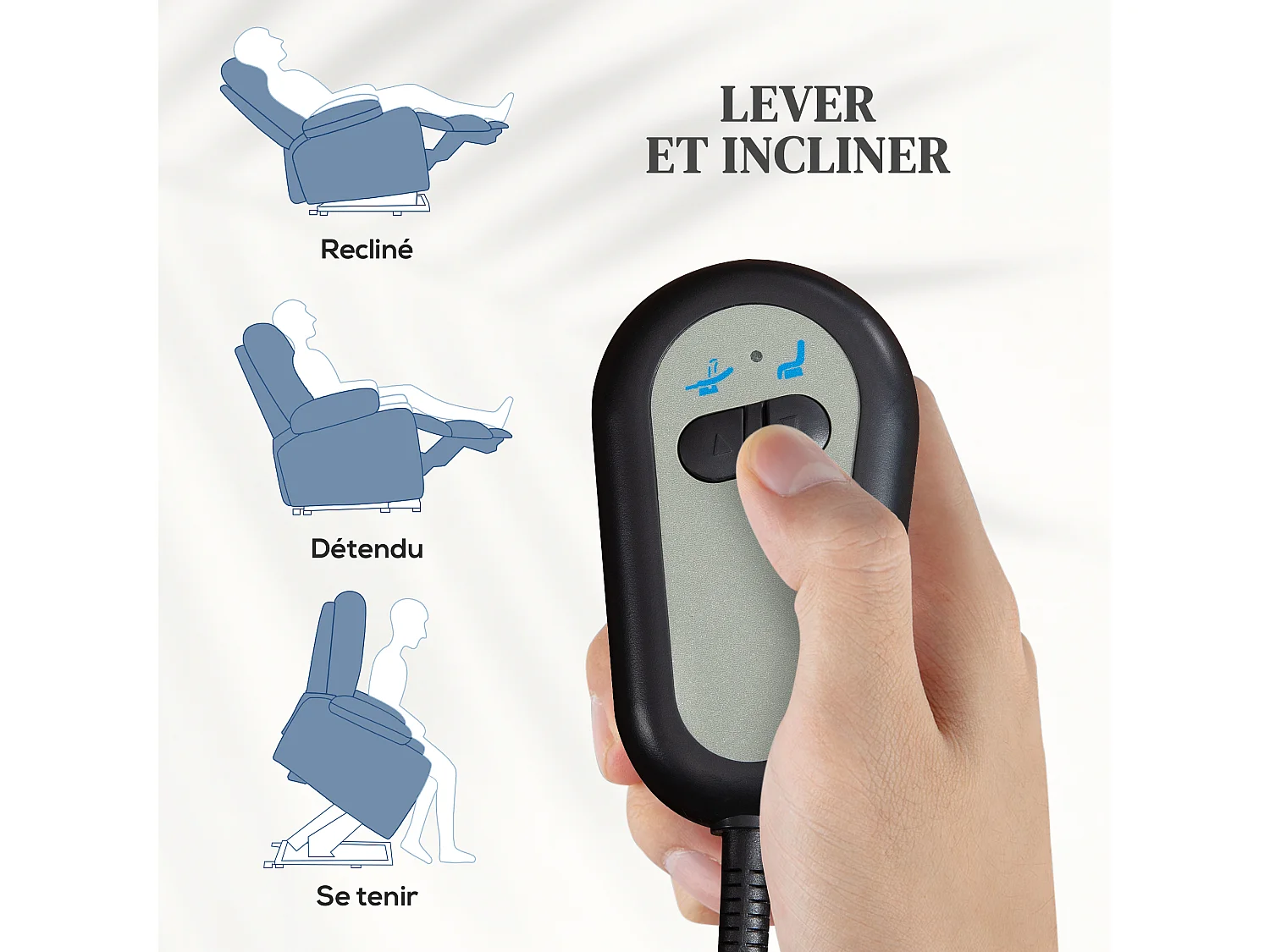 Fauteuil de relaxation électrique télécommande - fauteuil releveur inclinable, repose-pied ajustable - tissu polyester aspect lin bleu