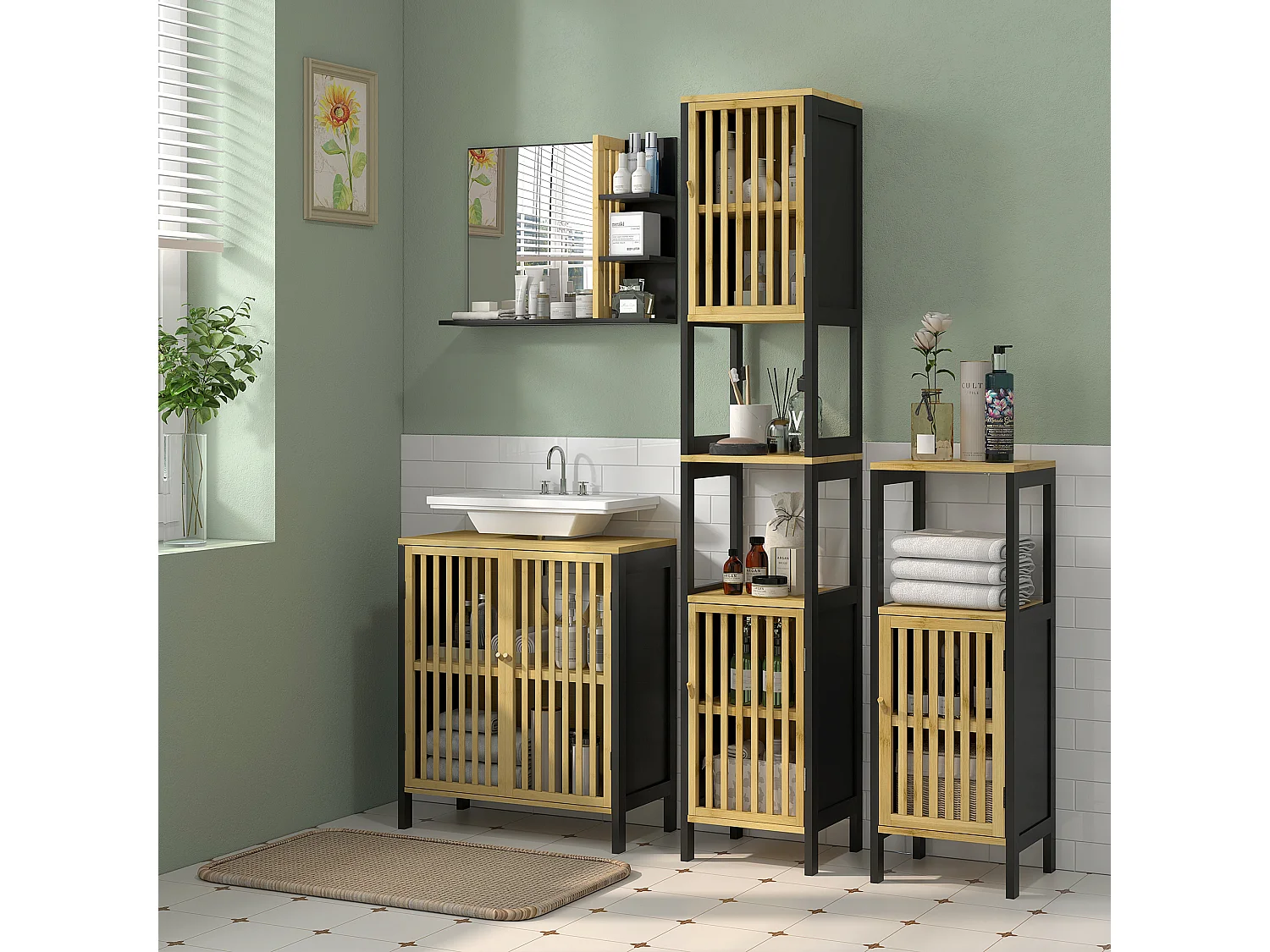 Meuble colonne salle de bain 2 portes 4 étagères MDF noir bambou verni