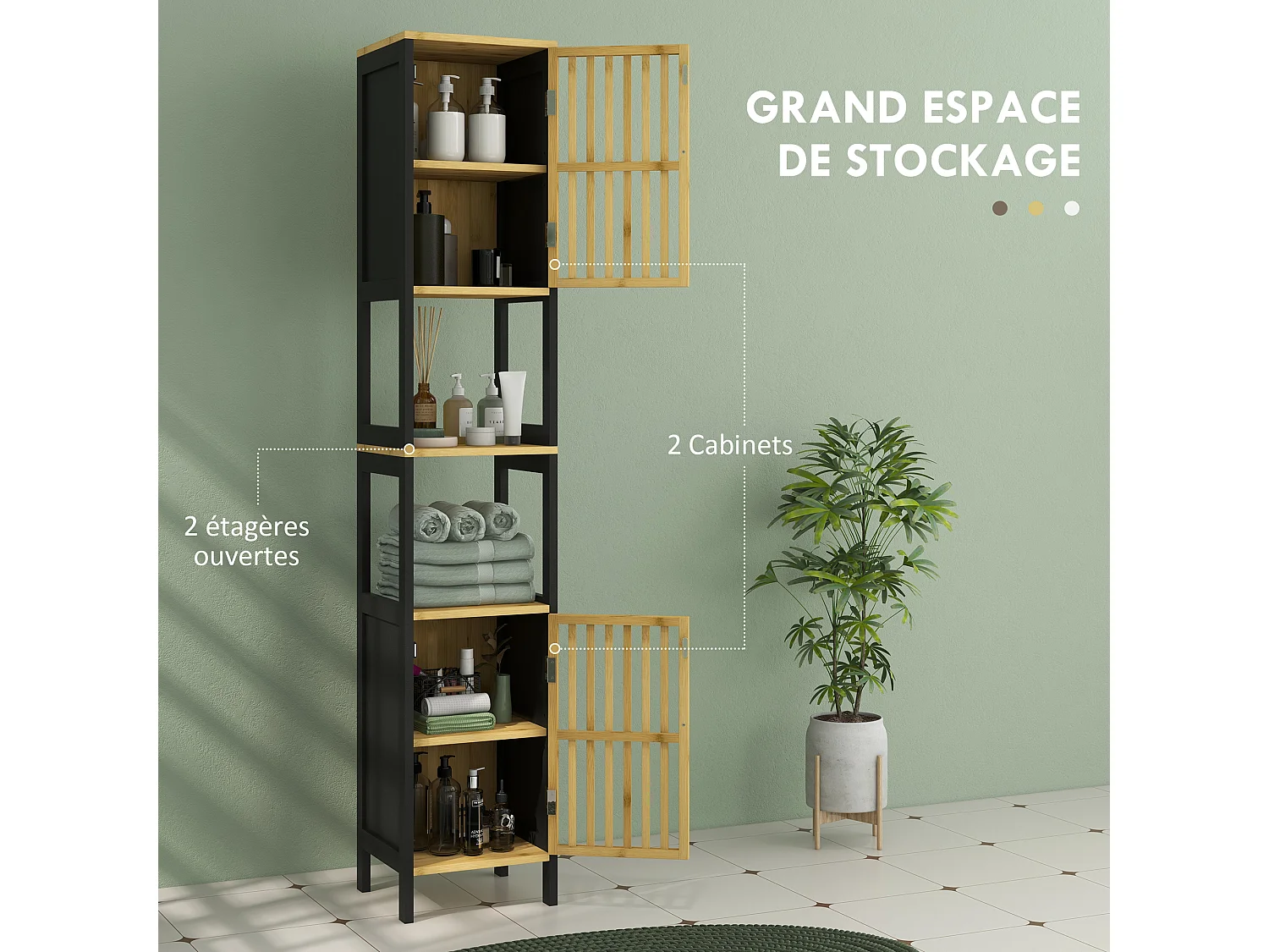 Meuble colonne salle de bain 2 portes 4 étagères MDF noir bambou verni