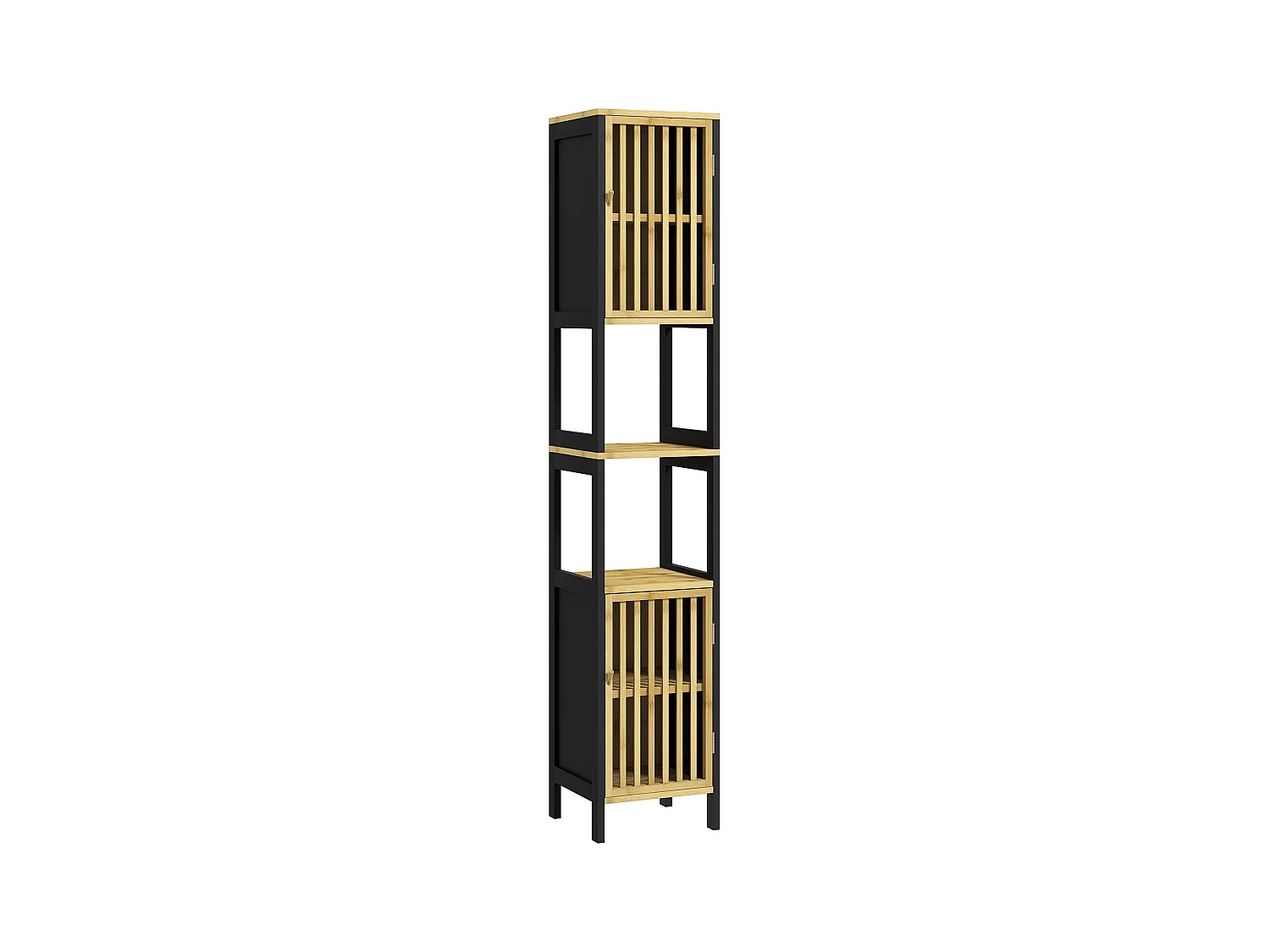Meuble colonne salle de bain 2 portes 4 étagères MDF noir bambou verni