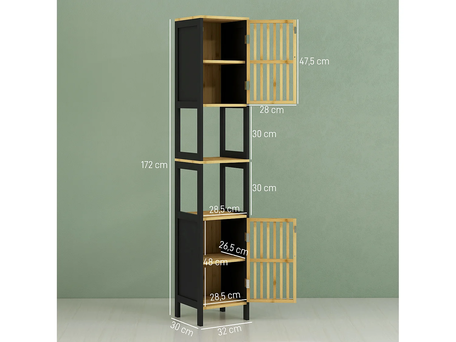 Meuble colonne salle de bain 2 portes 4 étagères MDF noir bambou verni