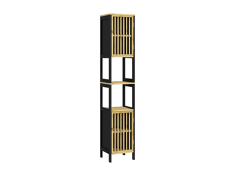 Meuble colonne salle de bain 2 portes 4 étagères MDF noir bambou verni