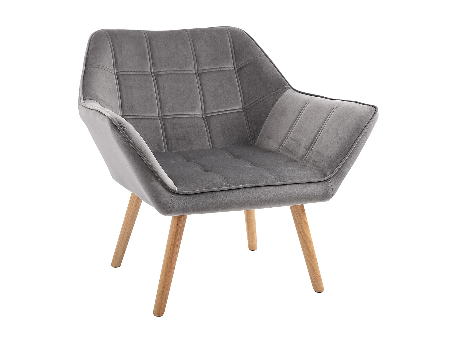 Fauteuil salon design scandinave - dossier accoudoirs enveloppant - piètement bois hévéa velours effet capitonné gris