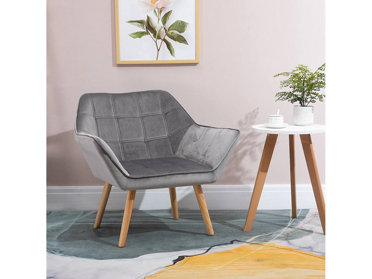 Fauteuil salon design scandinave - dossier accoudoirs enveloppant - piètement bois hévéa velours effet capitonné gris