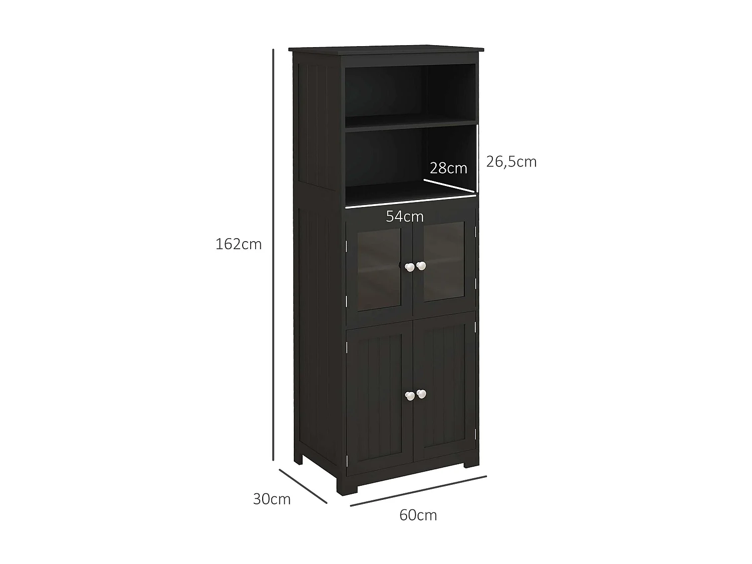 Armoire de cuisine multi-rangements 4 portes avec étagères 2 niches grand plateau MDF noir