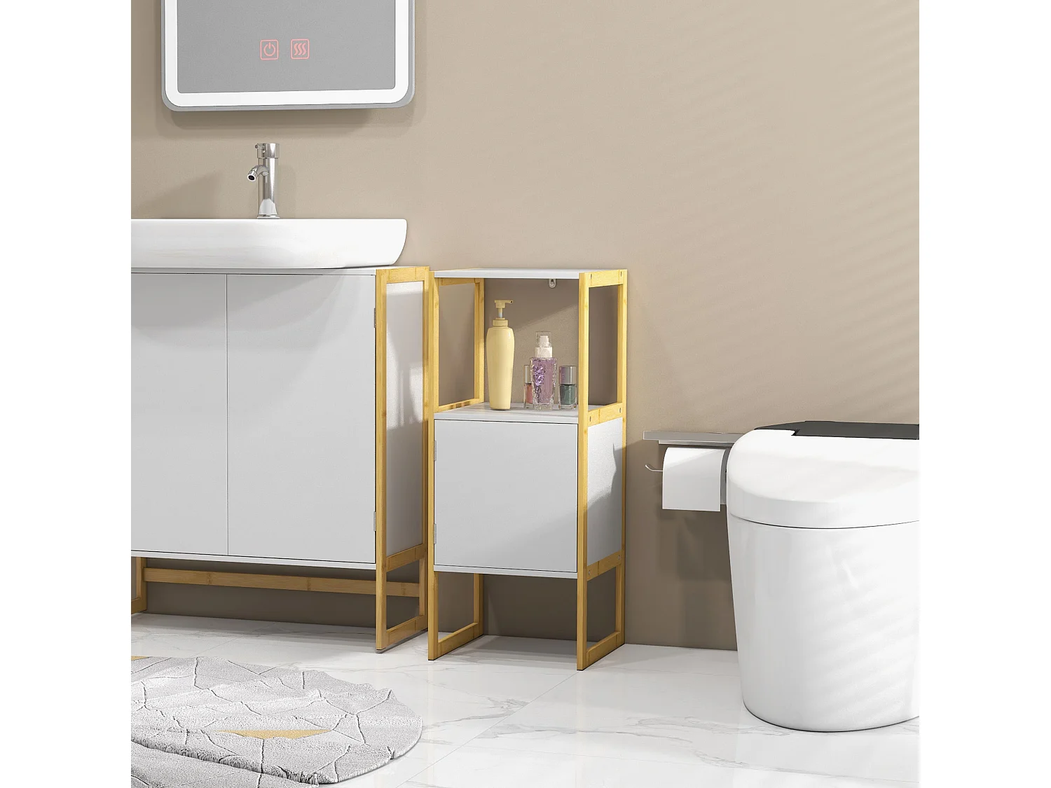Meuble bas salle de bain - porte, étagère, plateau - châssis piètement bambou MDF blanc