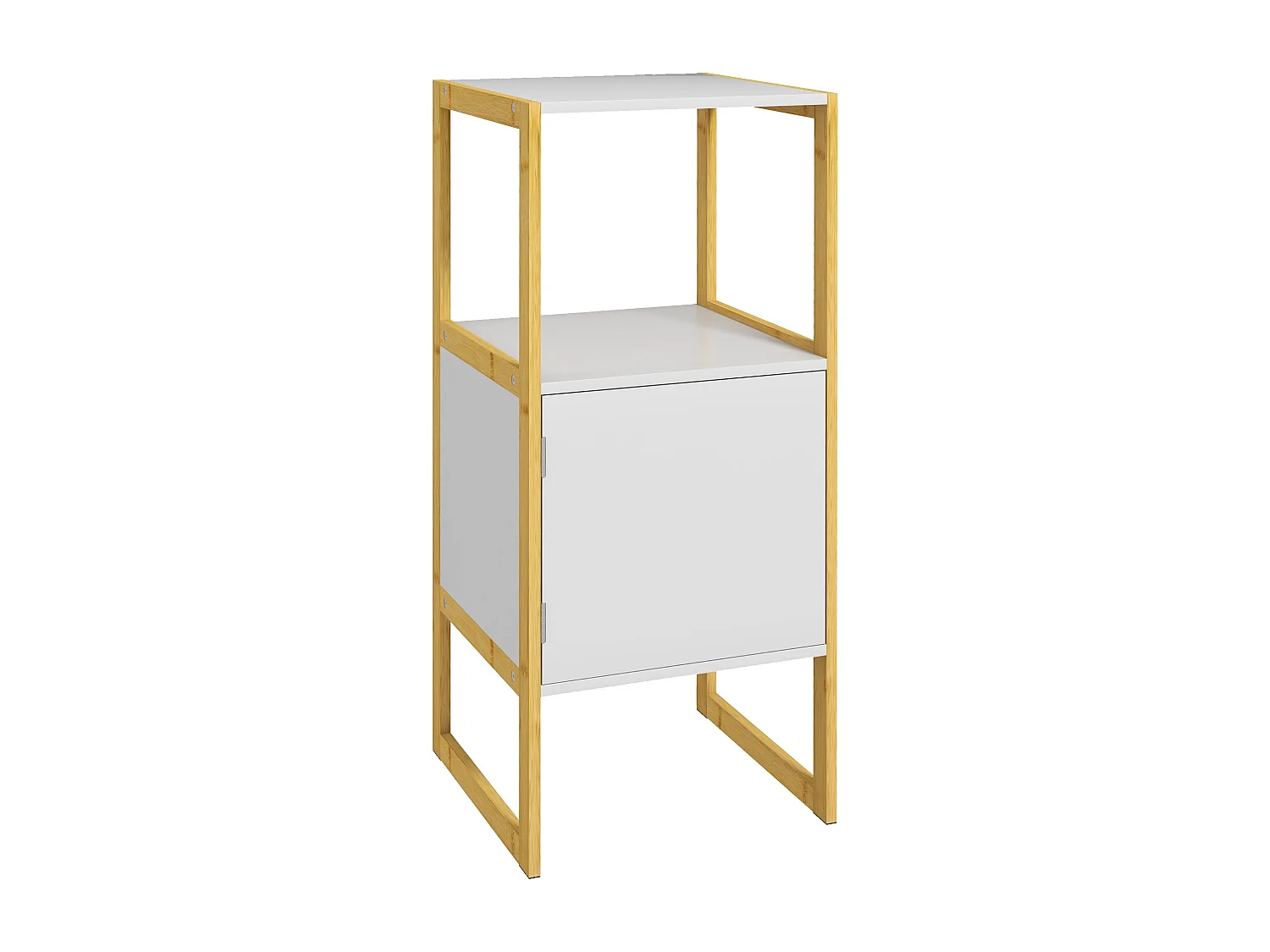 Meuble bas salle de bain - porte, étagère, plateau - châssis piètement bambou MDF blanc