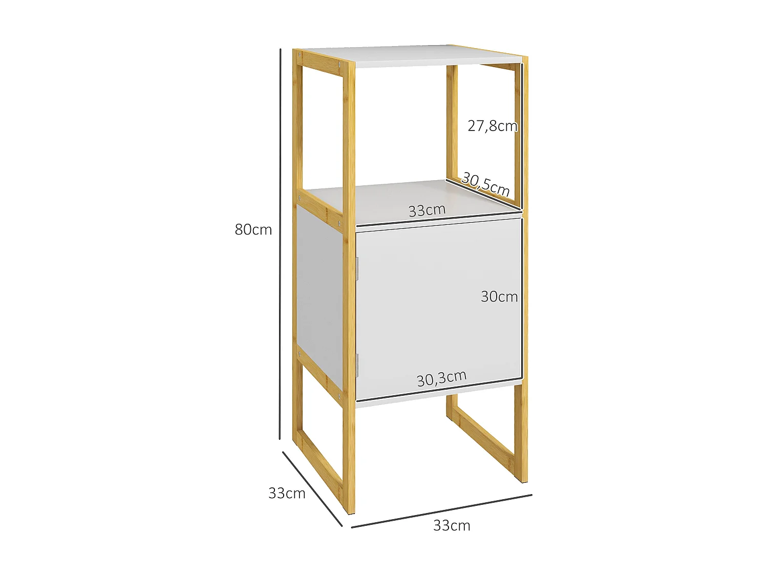 Meuble bas salle de bain - porte, étagère, plateau - châssis piètement bambou MDF blanc