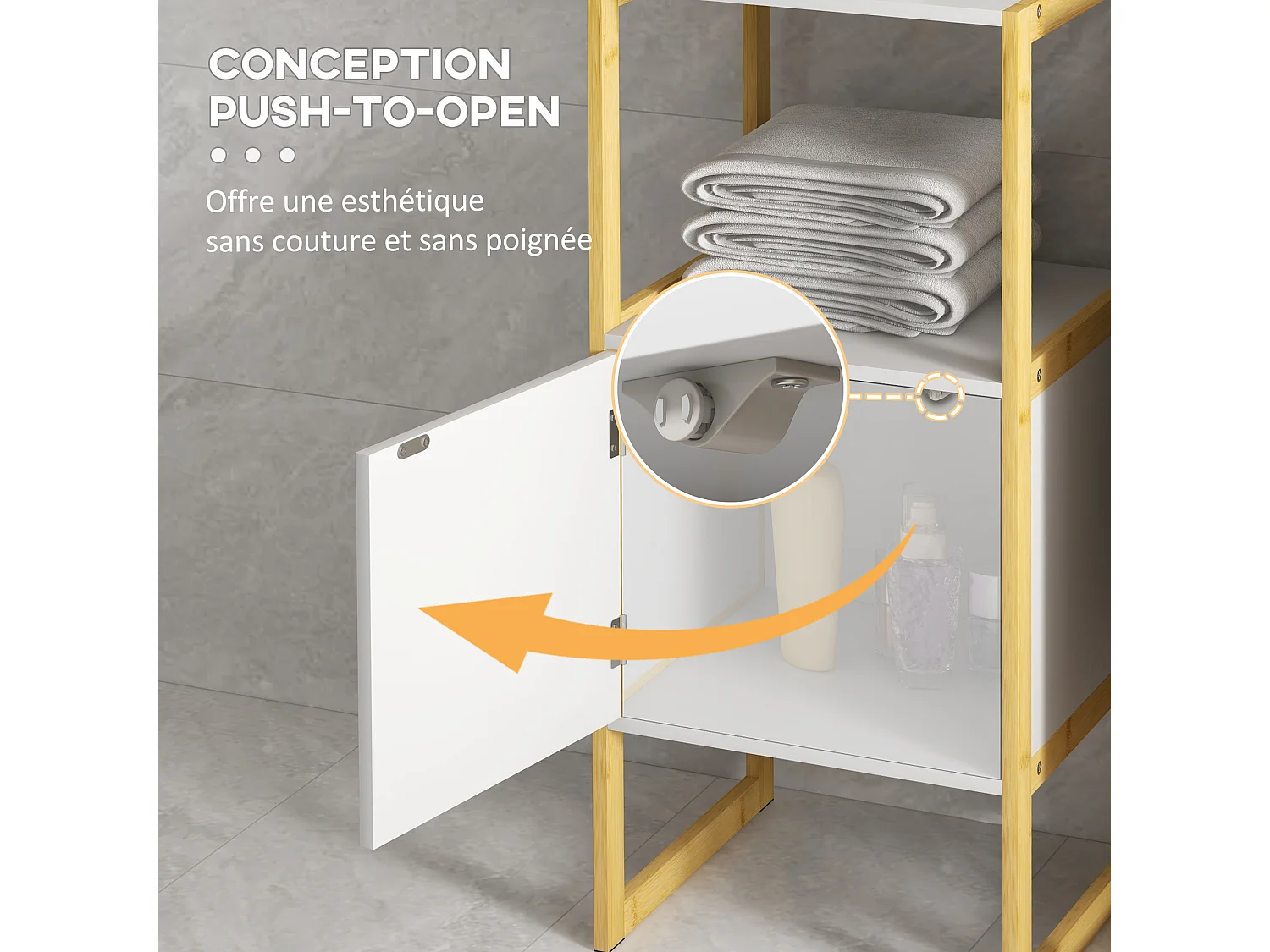 Meuble bas salle de bain - porte, étagère, plateau - châssis piètement bambou MDF blanc