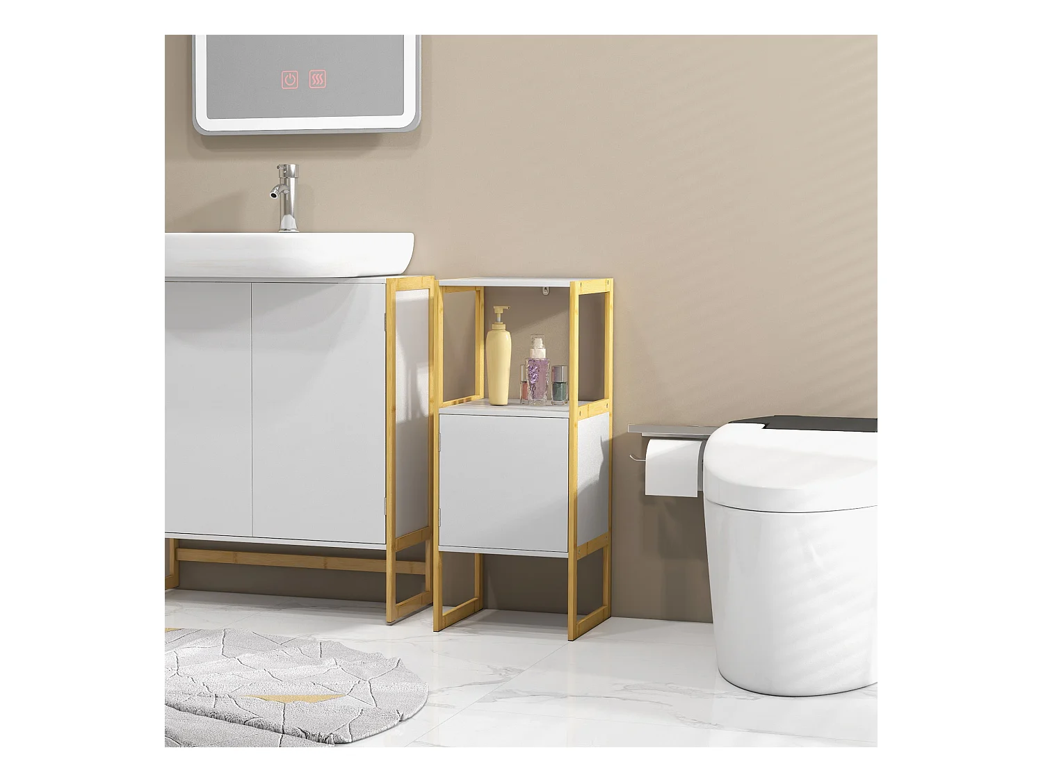 Meuble bas salle de bain - porte, étagère, plateau - châssis piètement bambou MDF blanc