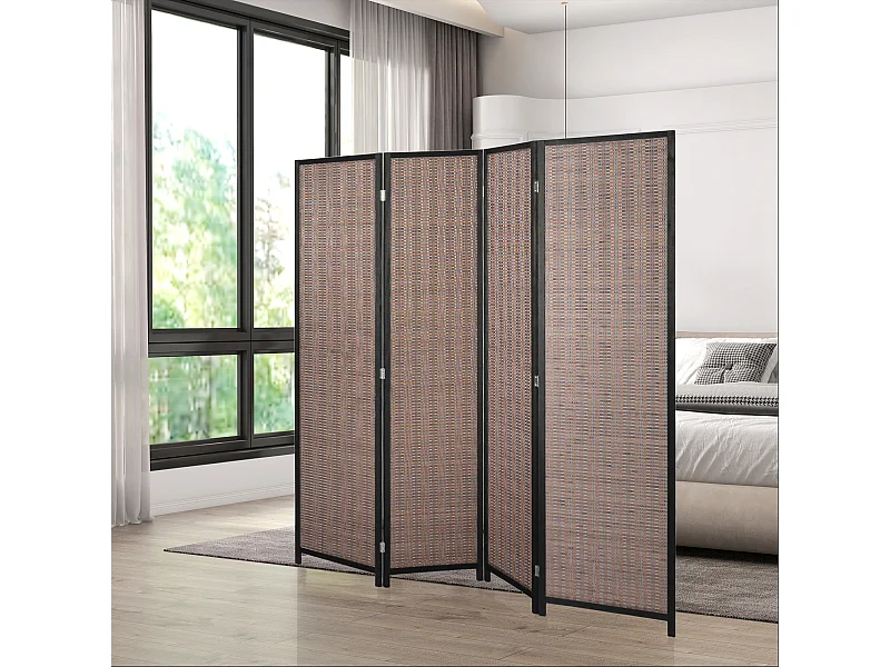Paravent intérieur séparateur de pièce pliable 4 panneaux dim. 180L x 180H cm bois pin bambou coton marron