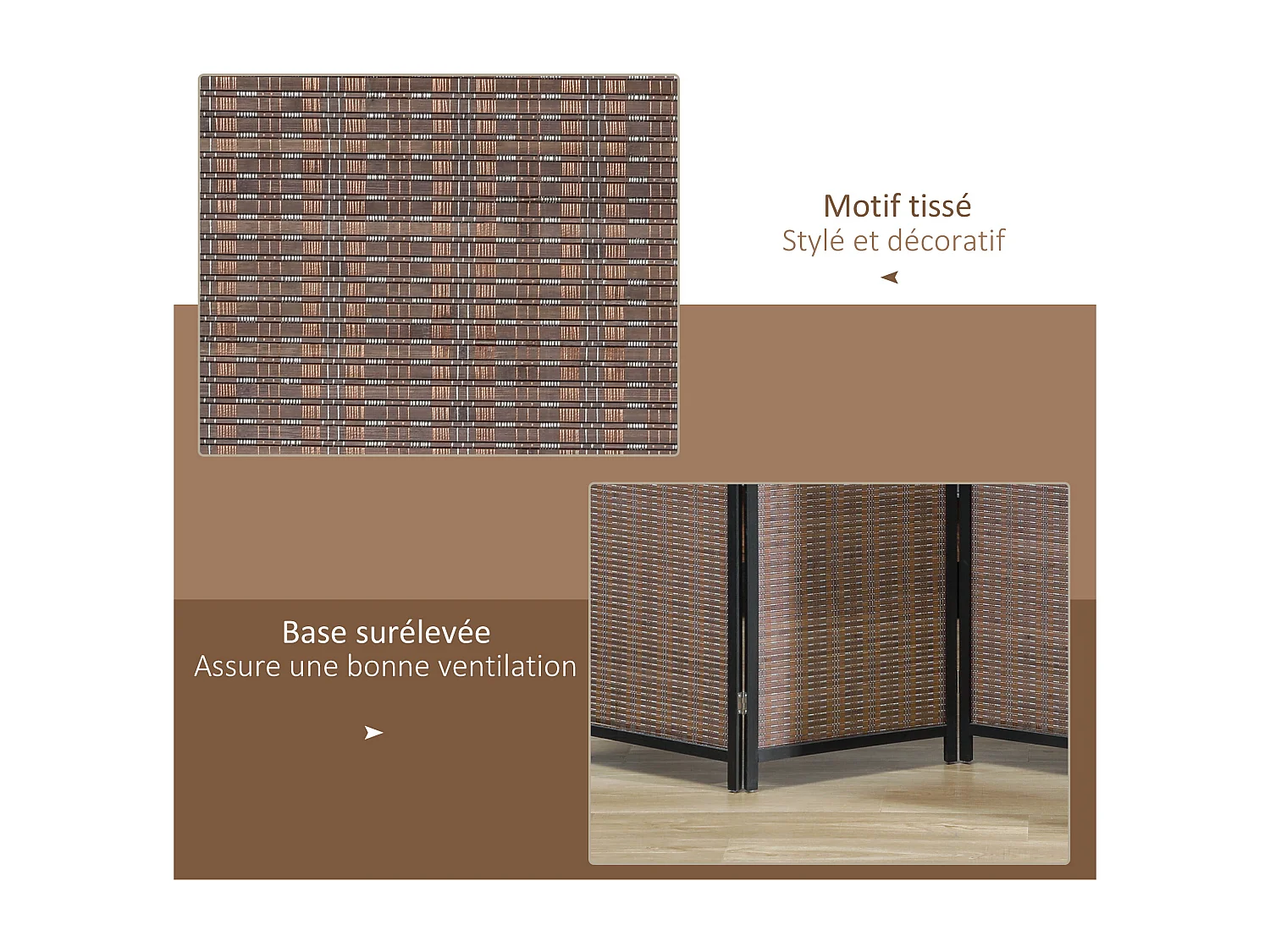 Paravent intérieur séparateur de pièce pliable 4 panneaux dim. 180L x 180H cm bois pin bambou coton marron