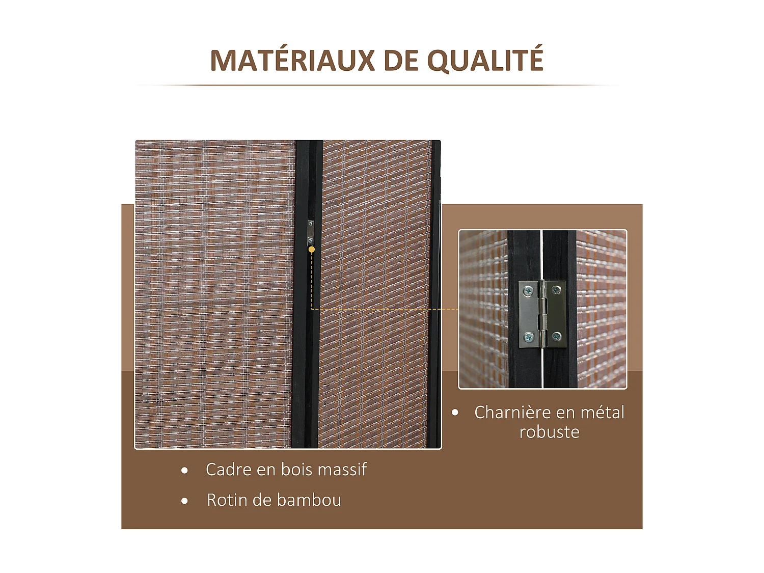 Paravent intérieur séparateur de pièce pliable 4 panneaux dim. 180L x 180H cm bois pin bambou coton marron