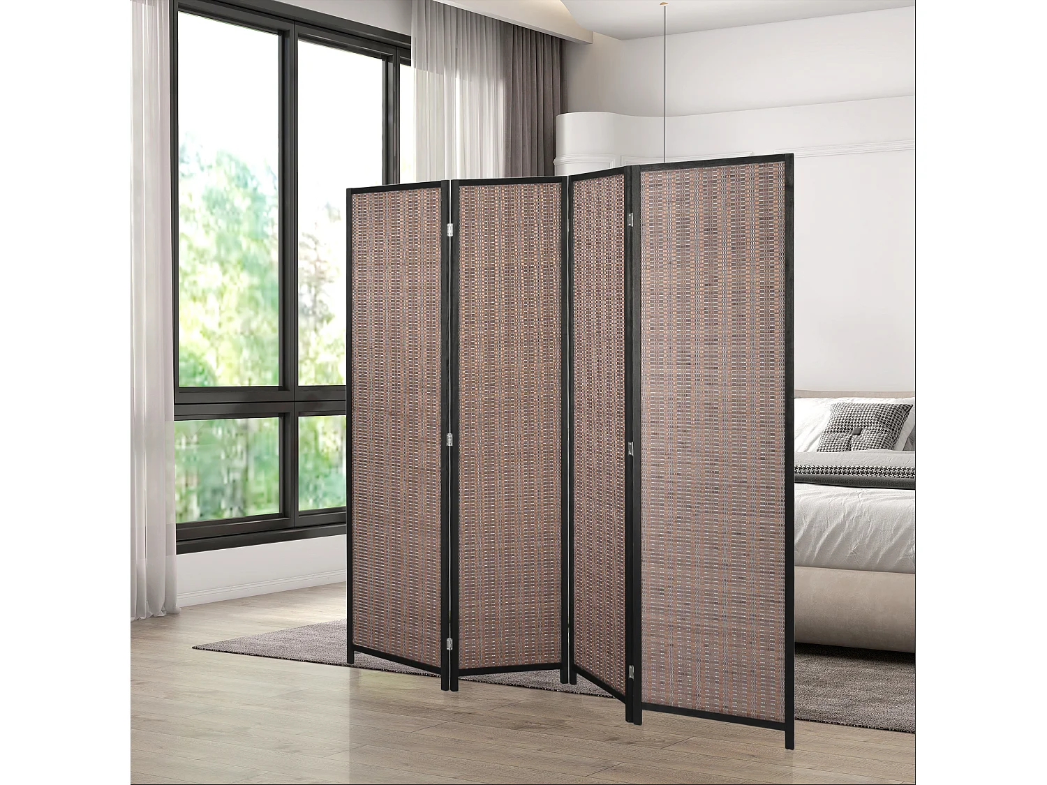 Paravent intérieur séparateur de pièce pliable 4 panneaux dim. 180L x 180H cm bois pin bambou coton marron