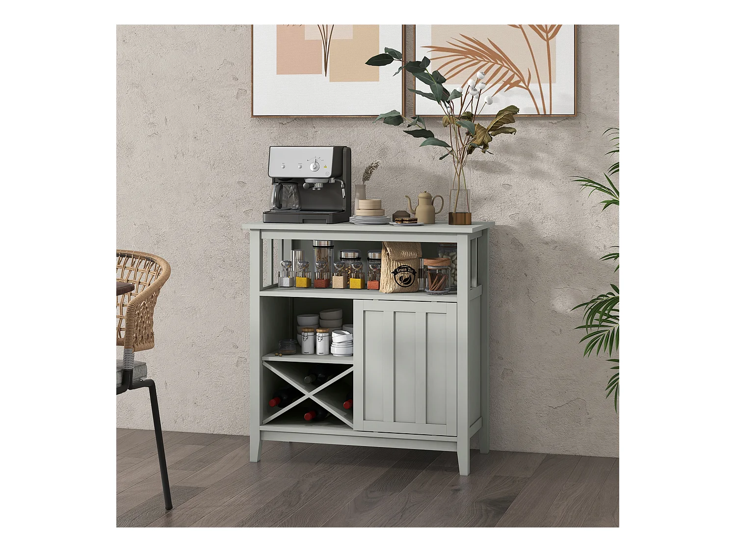 Buffet porte coulissante 2 étagères casier à bouteilles niche MDF gris clair