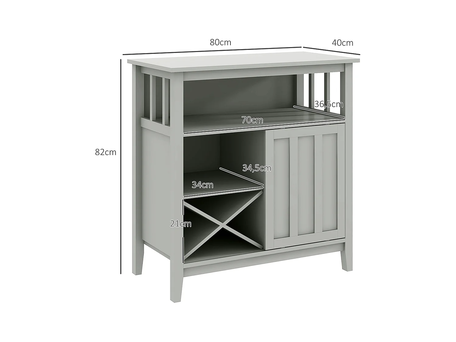 Buffet porte coulissante 2 étagères casier à bouteilles niche MDF gris clair
