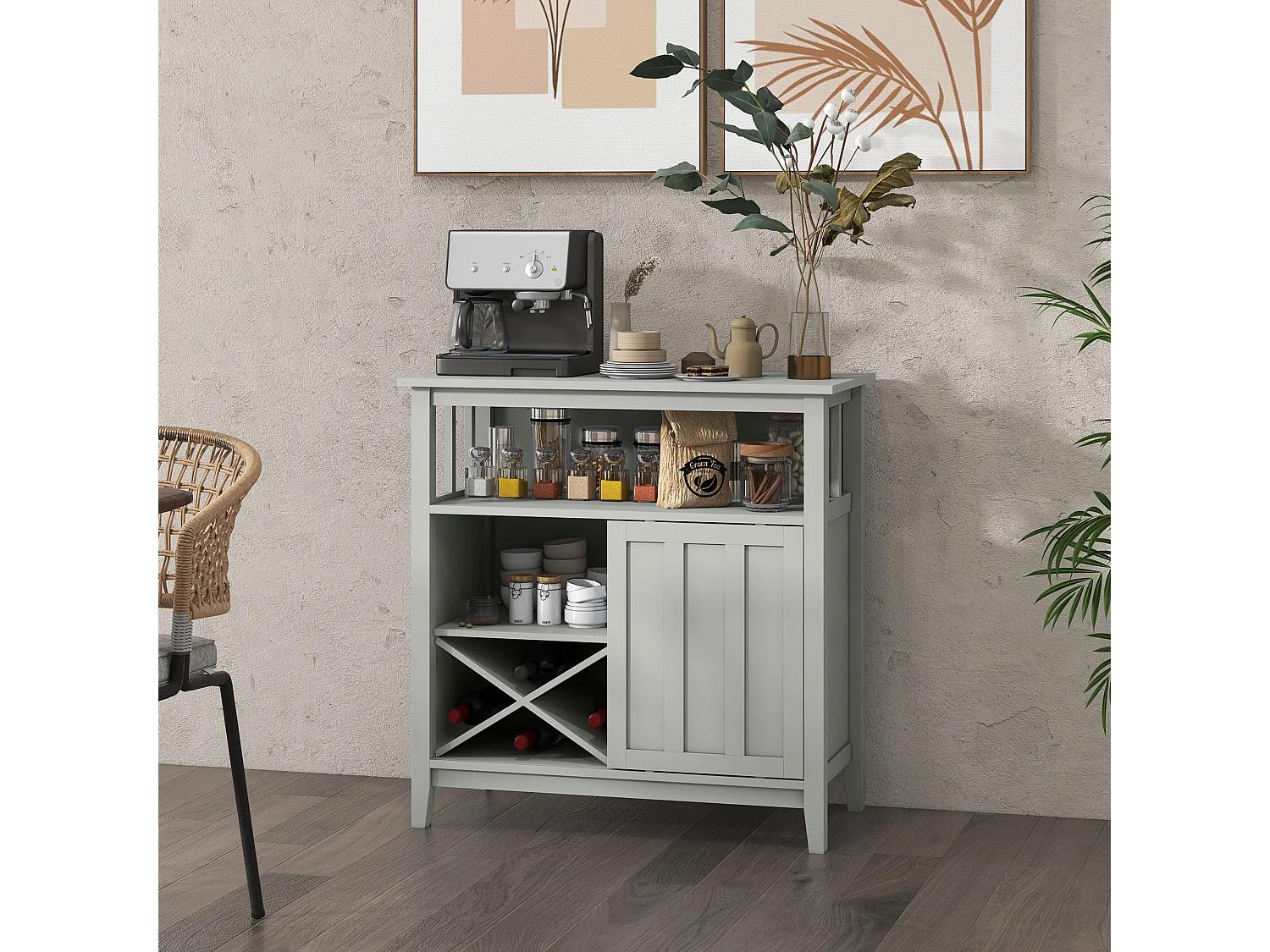Buffet porte coulissante 2 étagères casier à bouteilles niche MDF gris clair