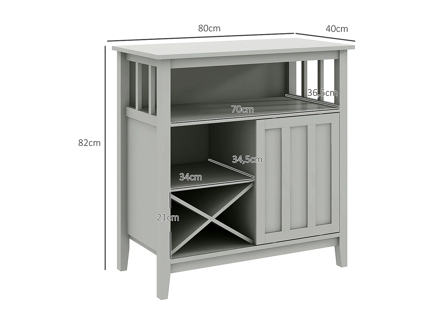 Buffet porte coulissante 2 étagères casier à bouteilles niche MDF gris clair