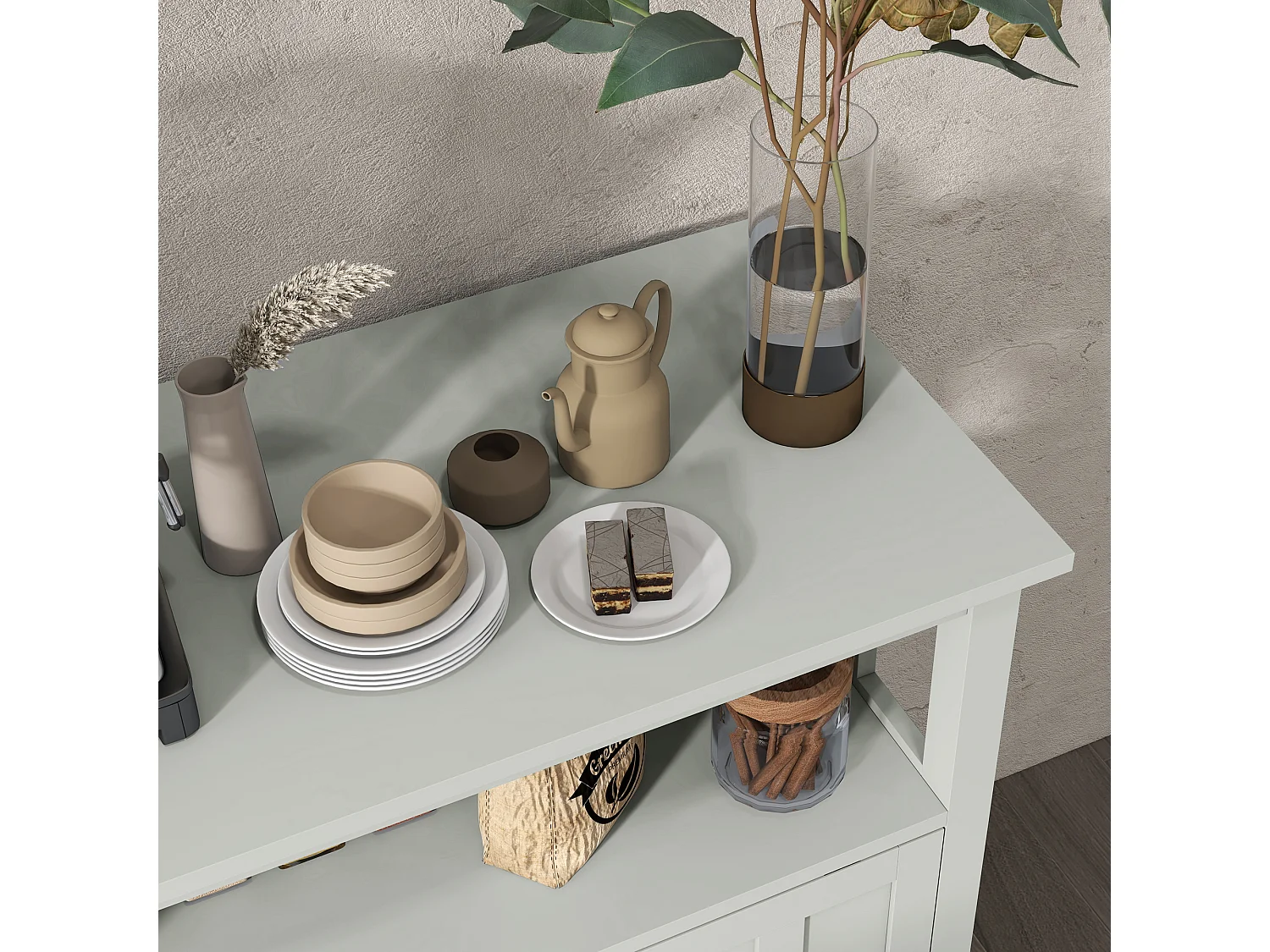 Buffet porte coulissante 2 étagères casier à bouteilles niche MDF gris clair