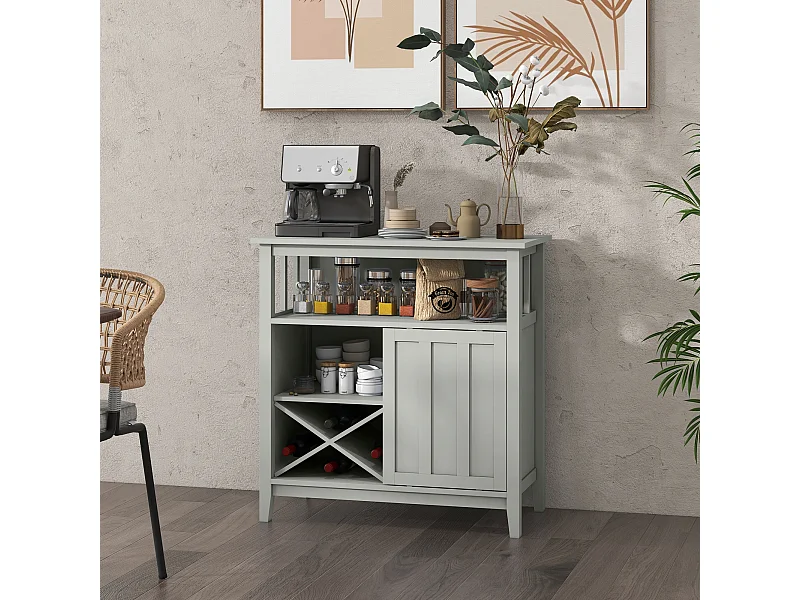 Buffet porte coulissante 2 étagères casier à bouteilles niche MDF gris clair