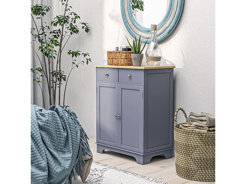 Buffet multi-rangement 2 portes avec étagère réglable 2 tiroirs coulissants bois d'hévéa MDF gris