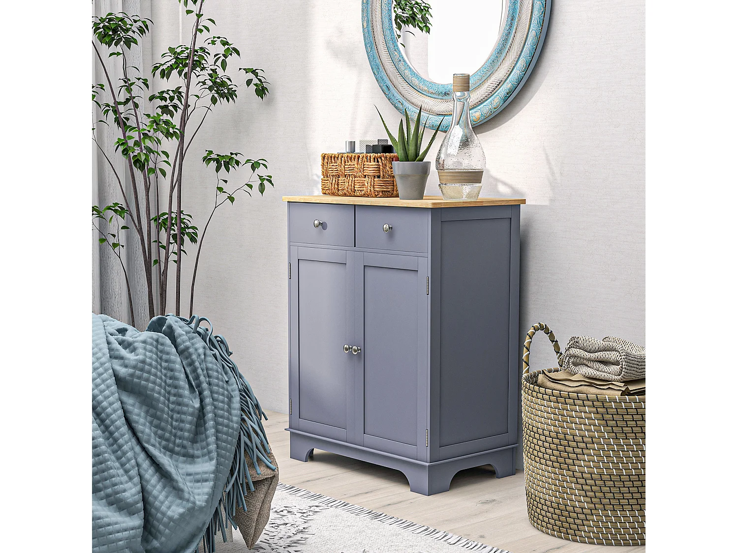 Buffet multi-rangement 2 portes avec étagère réglable 2 tiroirs coulissants bois d'hévéa MDF gris