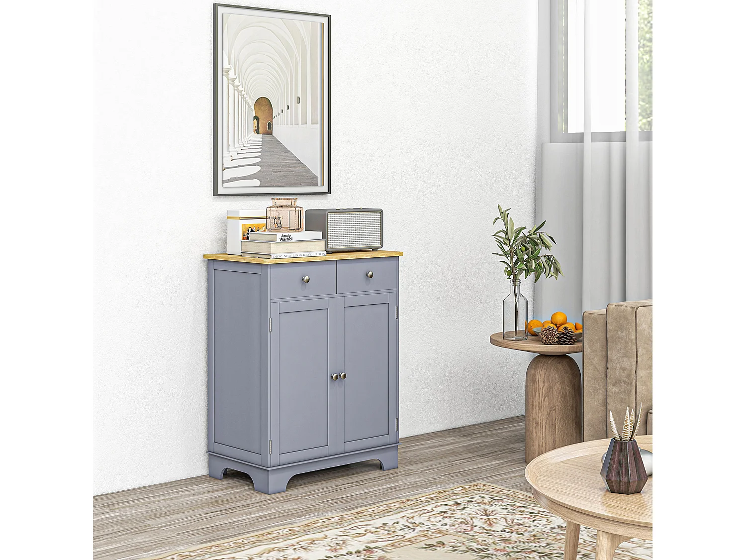 Buffet multi-rangement 2 portes avec étagère réglable 2 tiroirs coulissants bois d'hévéa MDF gris