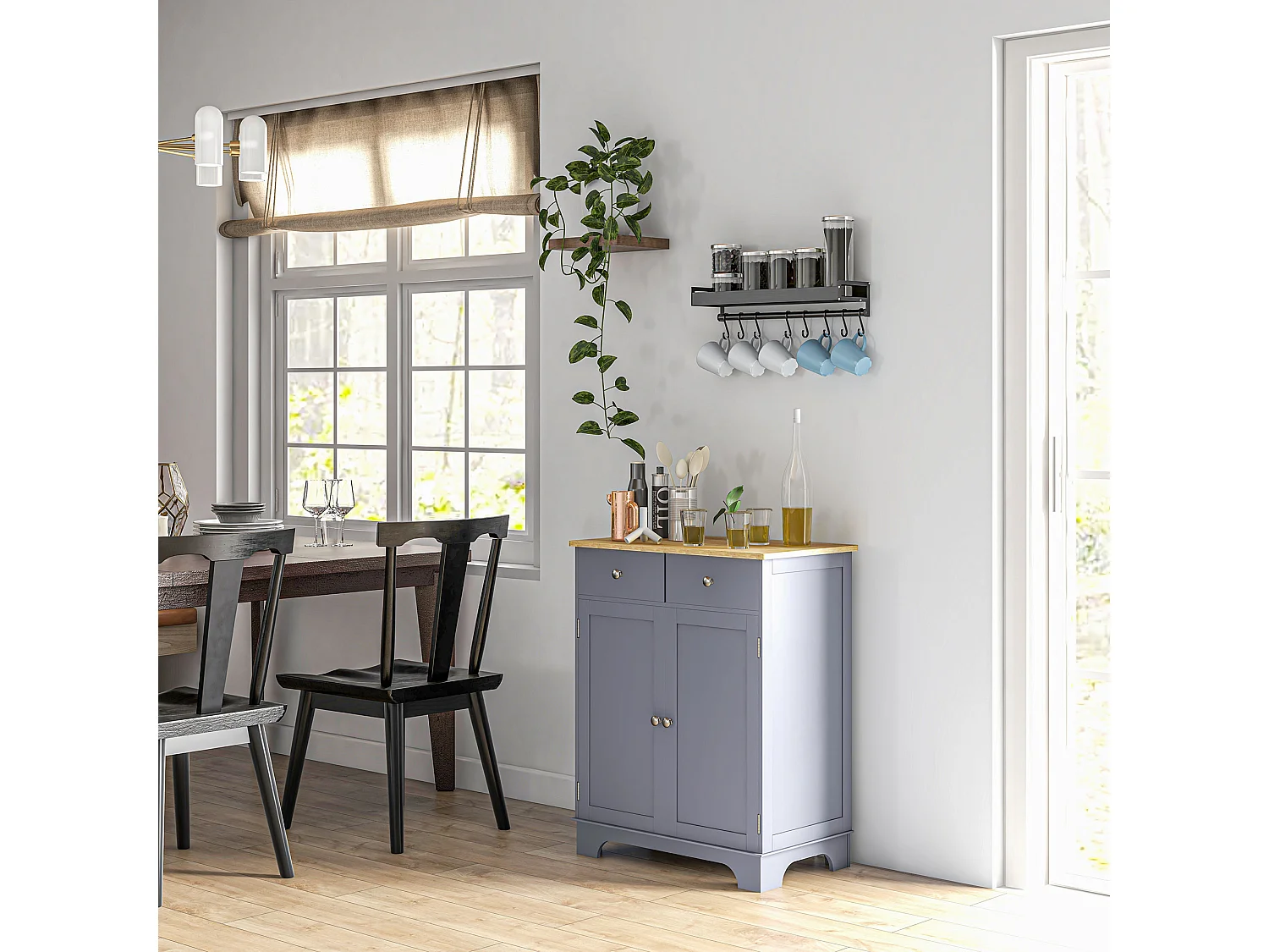 Buffet multi-rangement 2 portes avec étagère réglable 2 tiroirs coulissants bois d'hévéa MDF gris