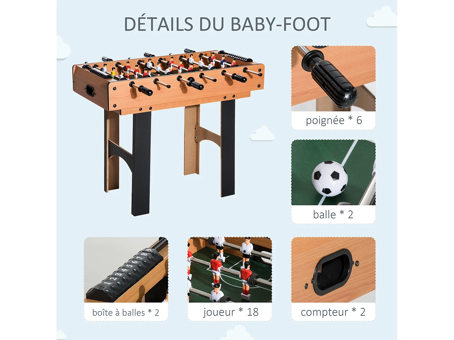 Table multi jeux 4 en 1 babyfoot billard air hockey ping-pong avec accessoires MDF aspect bois