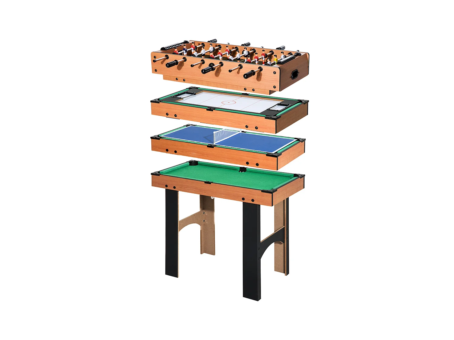 Table multi jeux 4 en 1 babyfoot billard air hockey ping-pong avec accessoires MDF aspect bois