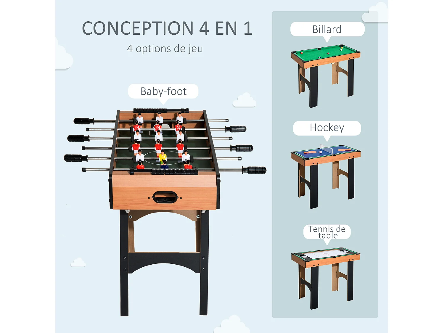 Table multi jeux 4 en 1 babyfoot billard air hockey ping-pong avec accessoires MDF aspect bois