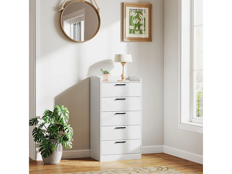 Commode 5 tiroirs et plateau - meuble de rangement bureau - poignées métal noir MDF blanc