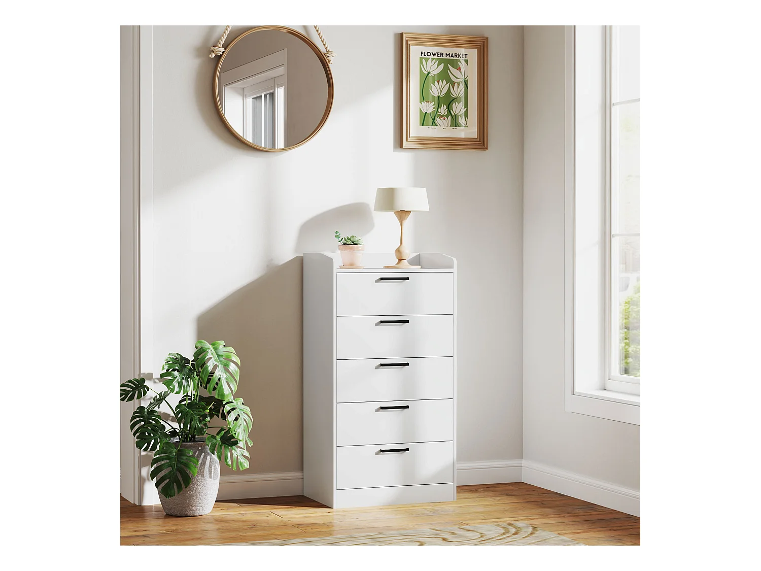 Commode 5 tiroirs et plateau - meuble de rangement bureau - poignées métal noir MDF blanc