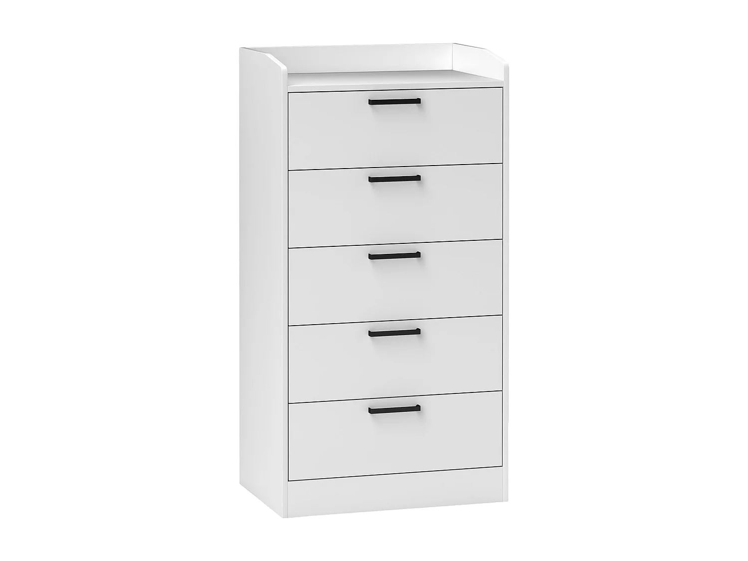 Commode 5 tiroirs et plateau - meuble de rangement bureau - poignées métal noir MDF blanc