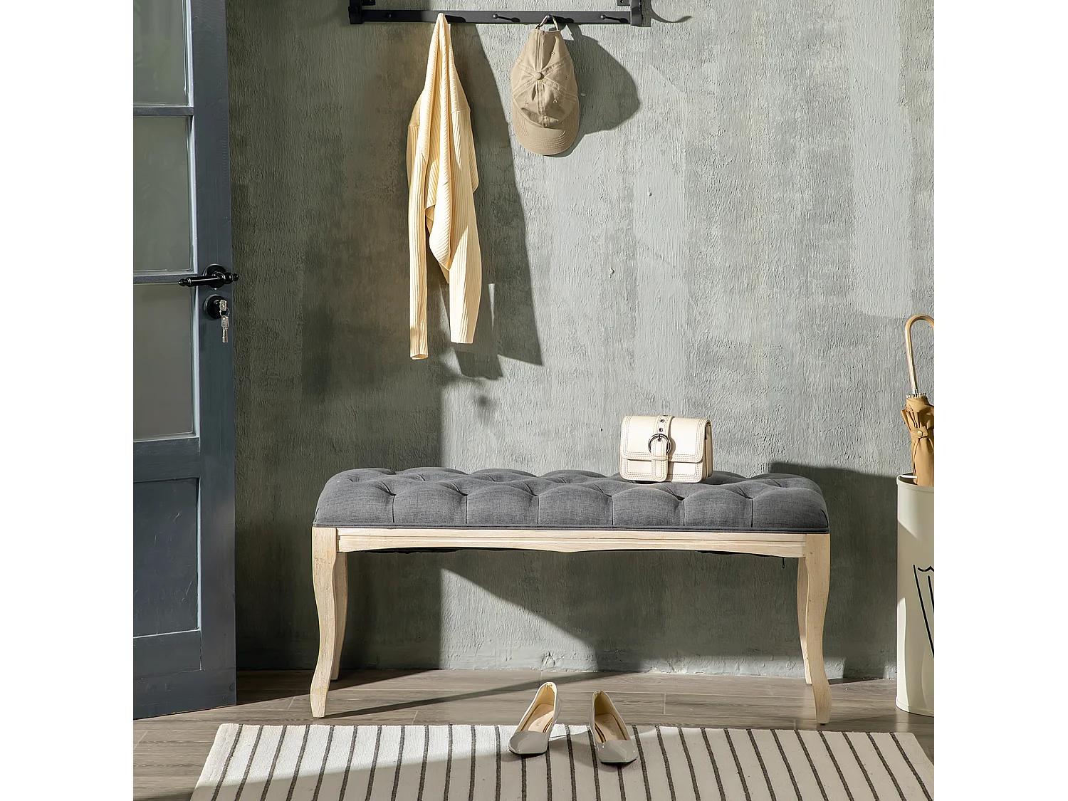 Banc banquette capitonnée style classique chic dim. 110L x 38l x 49H cm piètement bois hévéa sculpté lin gris